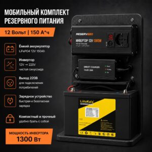Комплект резервного питания 12В, 1,8кВт, LiFePO4, зарядка 10А
